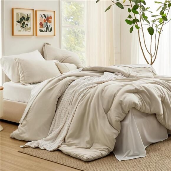 Bedsure Queen Comforter Set - 7 Pieces Beige Queen Bedding Set for All Seasons